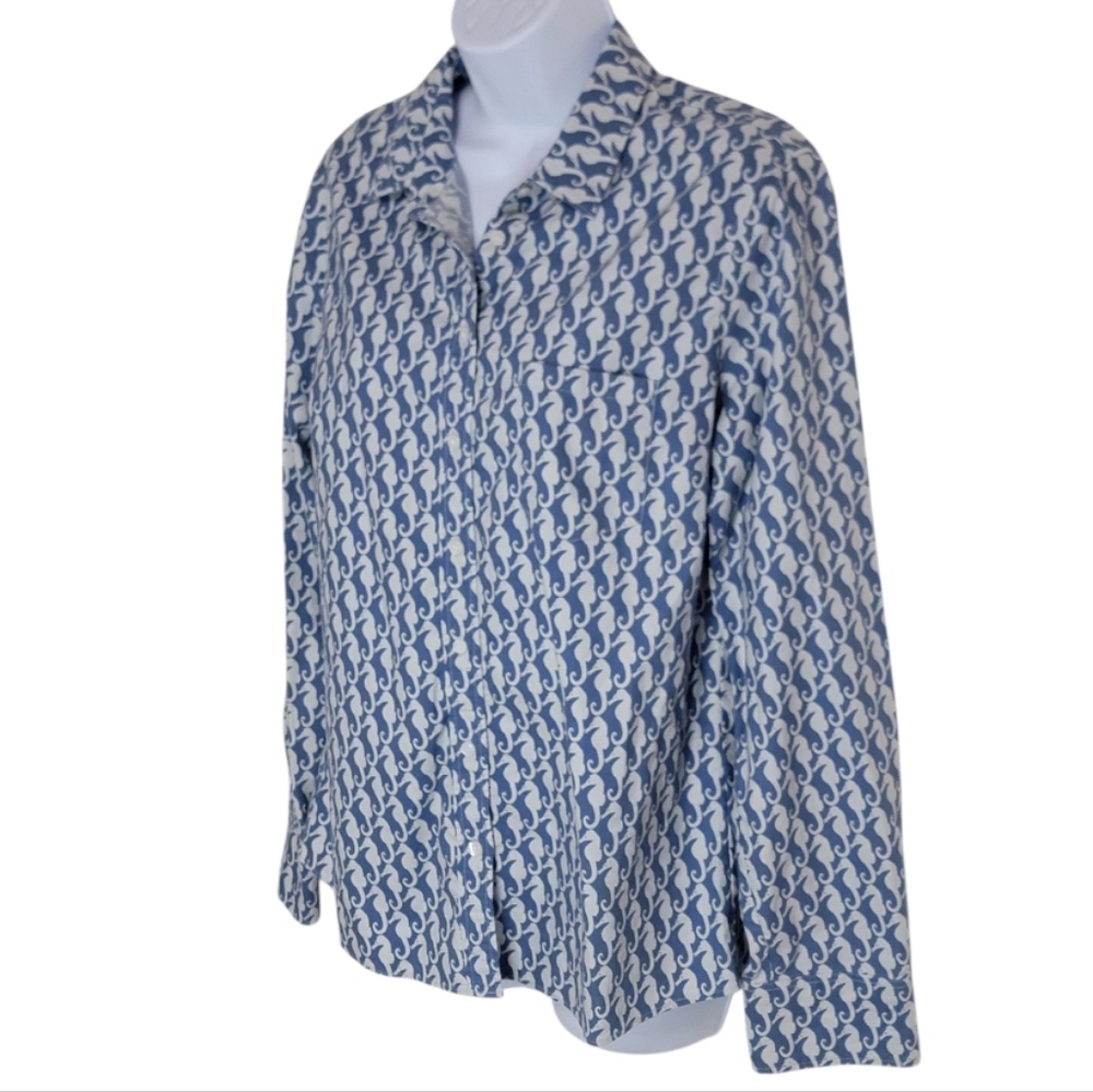 J. Crew Blue and White Seahorse Patterned Women's Shirt Size M